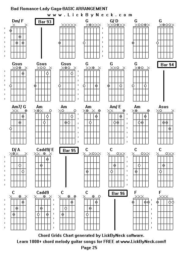 Chord Grids Chart of chord melody fingerstyle guitar song-Bad Romance-Lady Gaga-BASIC ARRANGEMENT,generated by LickByNeck software.